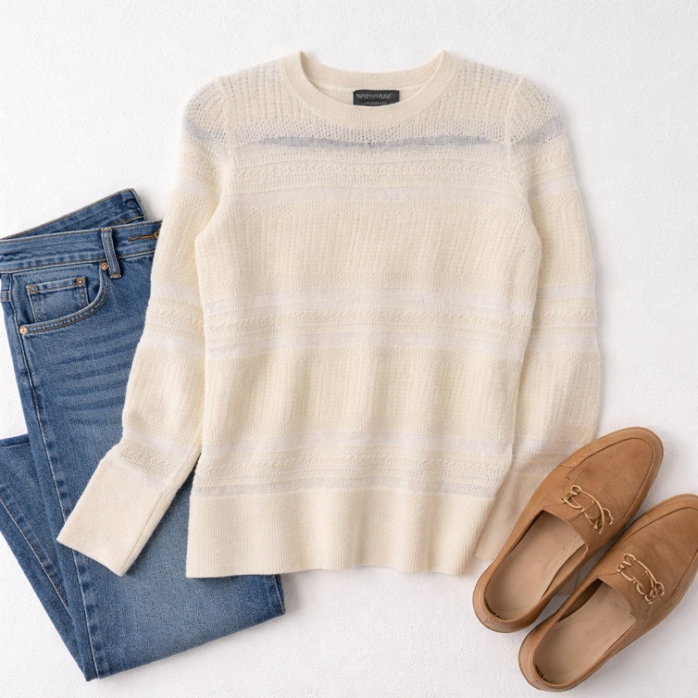Banana Republic Cream Textured Knit Sweater Stripe Crewneck Size Large